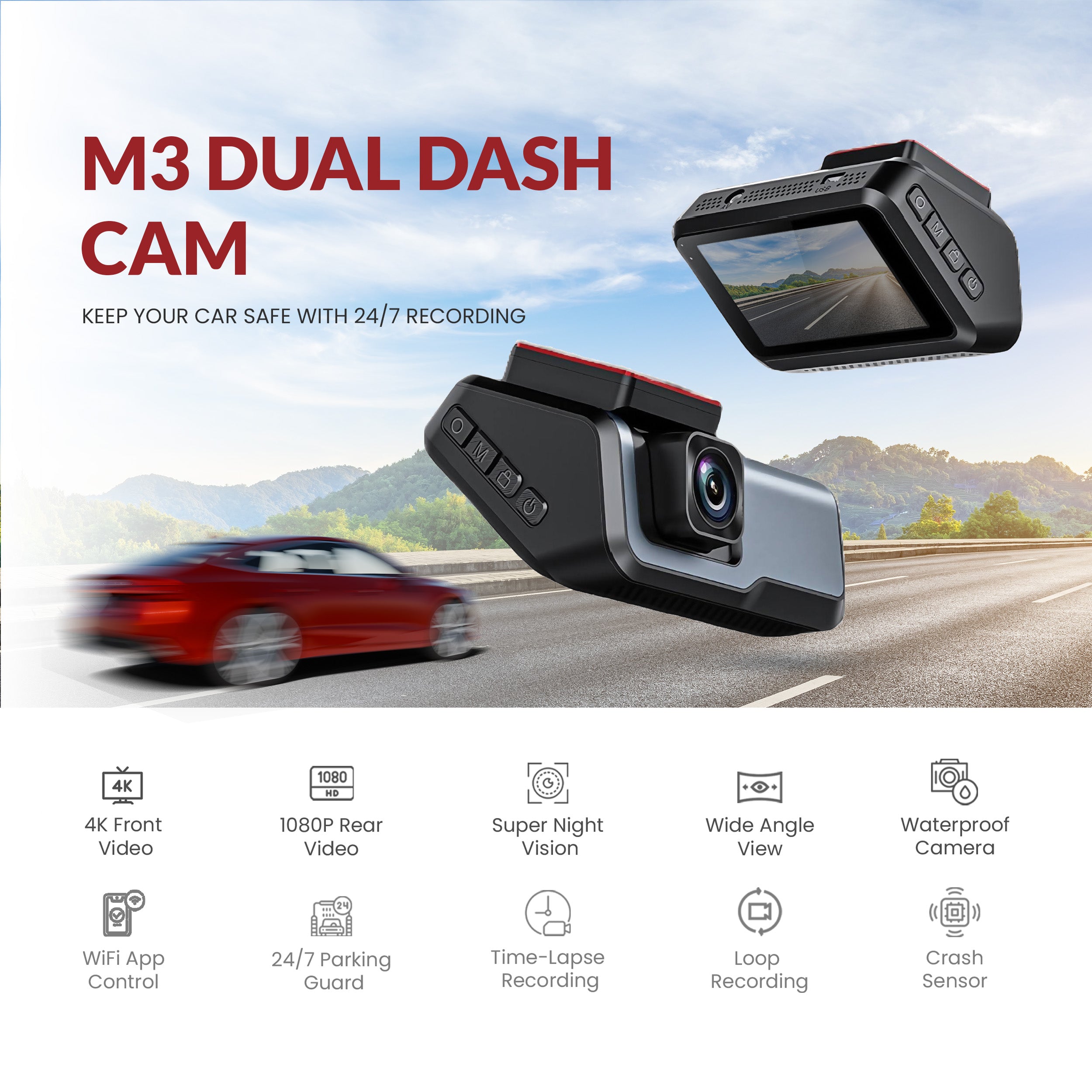 Drive Sight M3 4K + 1080P Dual Dash Cam with G-Sensor & Night Vision